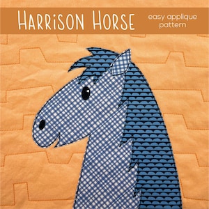 May include: A blue and white gingham horse applique pattern with the text "HARRISON HORSE easy applique pattern" at the top of the image.