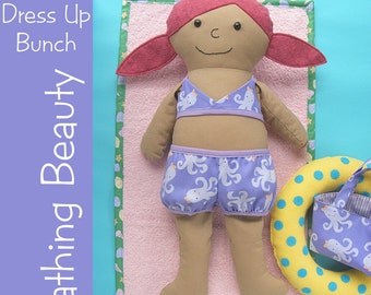 Bathing Beauty - swimsuit, towel, tote bag and swim ring pattern for Dress Up Bunch dolls (digital pattern, dressable doll, doll clothes)