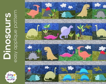 Dinosaur Applique Quilt Pattern - easy PDF pattern for beginners, uses Quilt As You Go and fusible adhesive