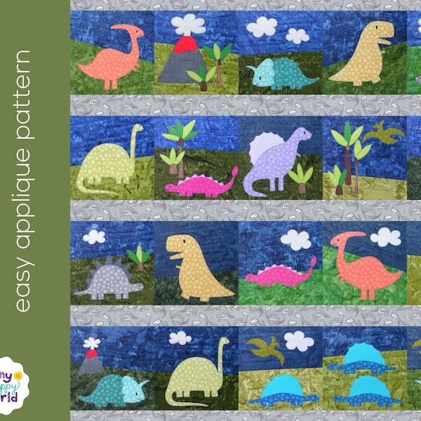 Dinosaur Applique Quilt Pattern - easy PDF pattern for beginners, uses Quilt As You Go and fusible adhesive