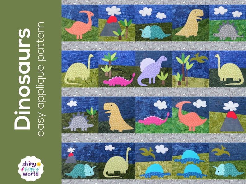 Dinosaur Applique Quilt Pattern easy PDF pattern for beginners, uses Quilt As You Go and fusible adhesive image 1