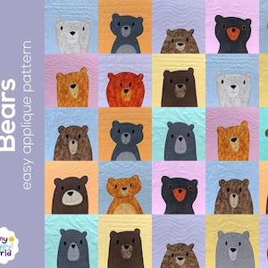 Bunches of Bears Applique Quilt Pattern - easy digital PDF pattern for beginners, uses Quilt As You Go and fusible adhesive