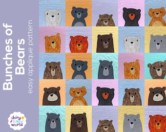 Bunches of Bears Applique Quilt Pattern - easy digital PDF pattern for beginners, uses Quilt As You Go and fusible adhesive