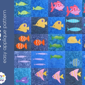 Fish applique quilt pattern - easy digital PDF pattern for beginners, uses Quilt As You Go and fusible adhesive