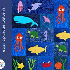 Sea Creatures applique quilt pattern - easy digital PDF pattern for beginners, uses Quilt As You Go and fusible adhesive