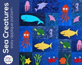 Sea Creatures applique quilt pattern - easy digital PDF pattern for beginners, uses Quilt As You Go and fusible adhesive