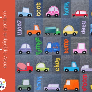 Beep! Beep! - Cars and Trucks Applique Quilt Pattern - easy digital PDF pattern for beginners, uses Quilt As You Go and fusible adhesive