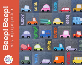 Beep! Beep! - Cars and Trucks Applique Quilt Pattern - easy digital PDF pattern for beginners, uses Quilt As You Go and fusible adhesive