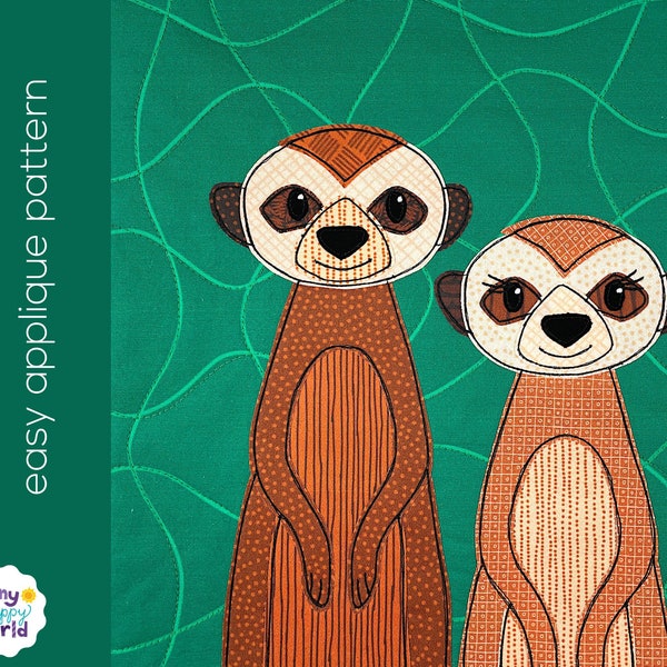 Madison Meerkat Applique Quilt Pattern - easy digital PDF pattern for beginners, uses Quilt As You Go and fusible adhesive
