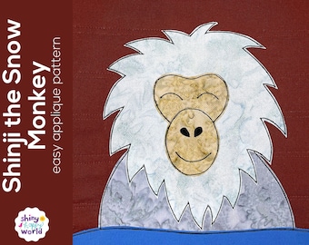 Shinji the Snow Monkey Applique Quilt Pattern - easy digital PDF pattern for beginners, uses Quilt As You Go and fusible adhesive