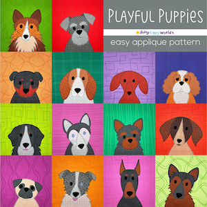 Playful Puppies - dog applique quilt pattern - easy PDF pattern, uses Quilt As You Go and fusible adhesive