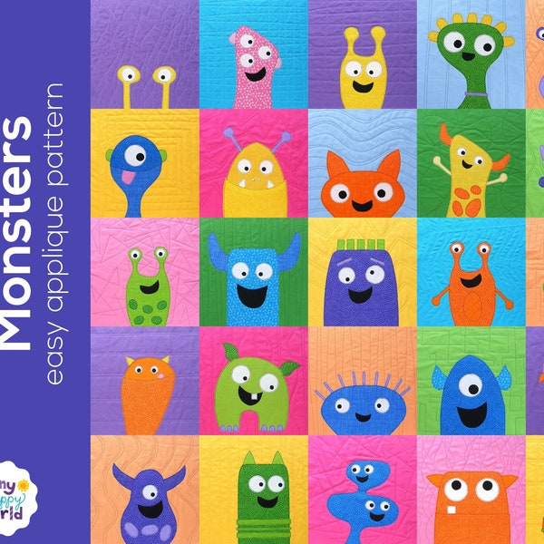 Mix & match Monsters - easy applique quilt pattern - uses fusible adhesive and Quilt As You Go