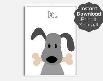 Dog with Bone Printable Art - téléchargement instantané - imprimez-le vous-même - ABC Animals Collection - art mural pour la chambre d’enfant ou la chambre d’enfant - thème de l’animal de compagnie