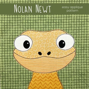 May include: A digital embroidery pattern for a cute cartoon newt with big eyes and a yellow and orange body. The pattern is called "Nolan Newt" and is described as an easy applique pattern.