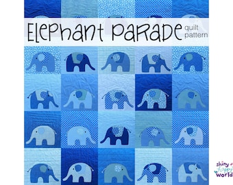 May include: A blue and white quilt pattern featuring a repeating design of elephants. The pattern is titled "Elephant Parade quilt pattern".