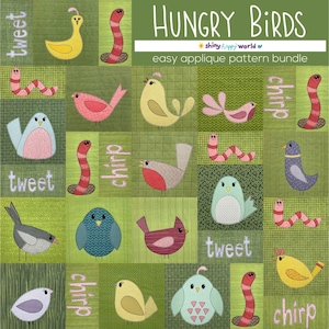 May include: A quilt pattern bundle titled Hungry Birds featuring various green fabric squares with appliqued birds and worms. The design includes text elements like tweet and chirp in white script, alongside colorful bird and worm illustrations.