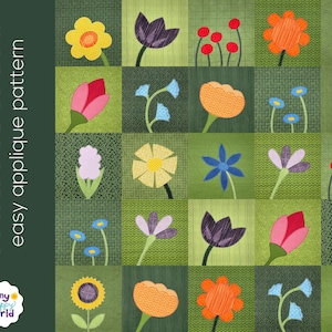 Wild Flowers - easy applique quilt pattern PDF for beginners - QAYG and fusible adhesive