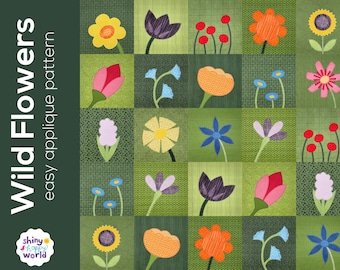 Wild Flowers - easy applique quilt pattern PDF for beginners - QAYG and fusible adhesive