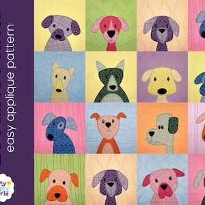 Lovable Mutts - dog applique quilt pattern - easy PDF pattern for beginners, uses Quilt As You Go and fusible adhesive