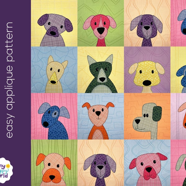 Lovable Mutts - dog applique quilt pattern - easy PDF pattern for beginners, uses Quilt As You Go and fusible adhesive