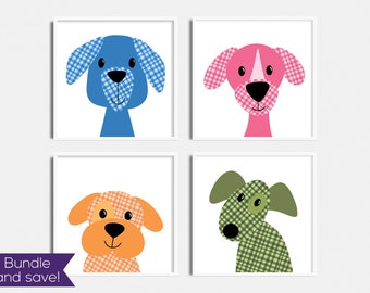 Gingham Dogs Art Bundle - instant download - print it yourself - wall art for nursery or child's room - pet or animal theme