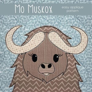 May include: A brown and white applique pattern of a muskox with the text "Mo Muskox easy applique pattern" above it.