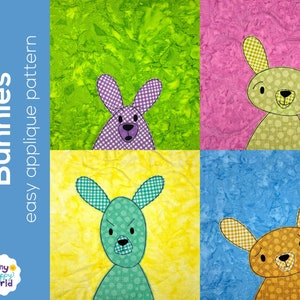 Bunny Hop - Mix & Match Bunnies Applique Quilt Pattern - easy digital PDF pattern for beginners, uses Quilt As You Go and fusible adhesive