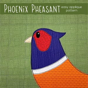 May include: A colorful applique pattern featuring a pheasant. The bird has a blue head, red eye patch, orange body, and a white and beige beak. The background is green with a grid pattern. Text reads "Phoenix Pheasant easy applique pattern."