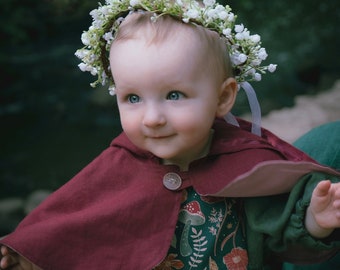 Girl's Nordic Woodland Gnome Hobbit Wedding Linen Dress & Pixie Burgundy Linen Capelet. Handmade, Sizes 6 Months - 6 Years, Made To Order