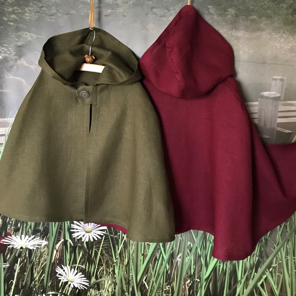 Toddler/Child's Hobbit, Renaissance, Elf, Woodland Olive & Burgundy Linen Cloak - 100% Linen, Size 1T - 6 Years Old, Made To Order