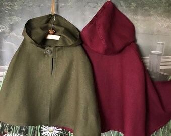 Toddler/Child's Hobbit, Renaissance, Elf, Woodland Olive & Burgundy Linen Cloak - 100% Linen, Size 1T - 6 Years Old, Made To Order