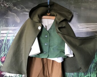 Child Hobbit Elf Renaissance Medieval Woodland Cloak, Vest, Shirt, Pants - Cotton & Olive Linen - Size 6 Months To 6 Years Old - Handmade