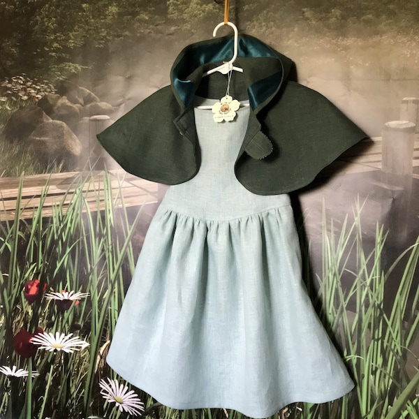Girl's Pixie Elf Woodland Linen Dress & Capelet - Wedding, Birthday, Special Occasion - Handmade - Sizes 6 Months To 6 Years - Made To Order