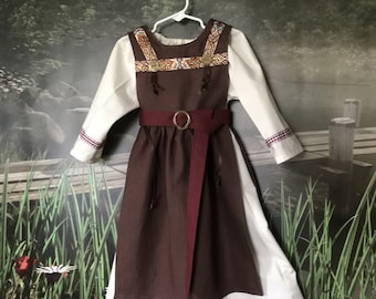 Girl's Viking Medieval Renaissance Shield Maiden Highland Over Dress With Belt & Under Dress:   Size 12 Months To 6, Linen/Cotton - Handmade