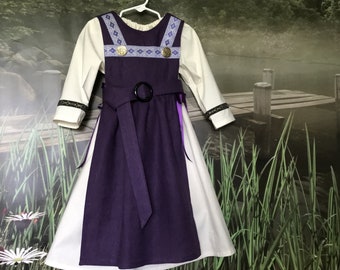 Girl's Viking Medieval Renaissance Shield Maiden Highland Over Dress With Belt & Under Dress:   Size 12 Months To 6, Linen/Cotton - Handmade