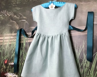 Girl's Meadow Blue Green Linen Dress - Wedding, Birthday, Special Occasion - Handmade - Sizes 6 Months To 6 Years - Made To Order