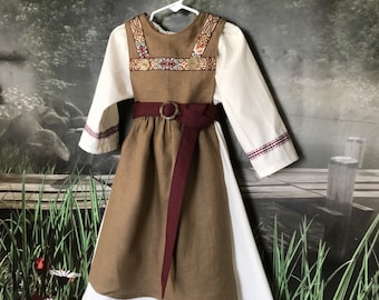 Girl's Viking Medieval Renaissance Shield Maiden Highland Over Dress With Belt & Under Dress:   Size 12 Months To 6, Linen/Cotton - Handmade