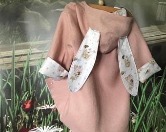 Baby Kid's Bunny Rabbit Autumn/Spring Valentine Easter Fully Lined Coat: Linen & Cotton Fabrics - Sizes 6 Months To 6T - Handmade