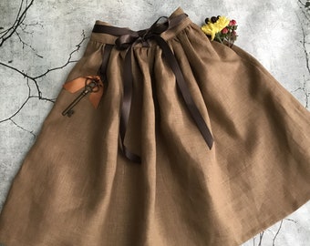 Girl's Medieval, Renaissance, Hobbit, October Festival, Steampunk Long Linen Skirt With Deep Pockets - Sizes 12 months (1T) To 6 Years Old