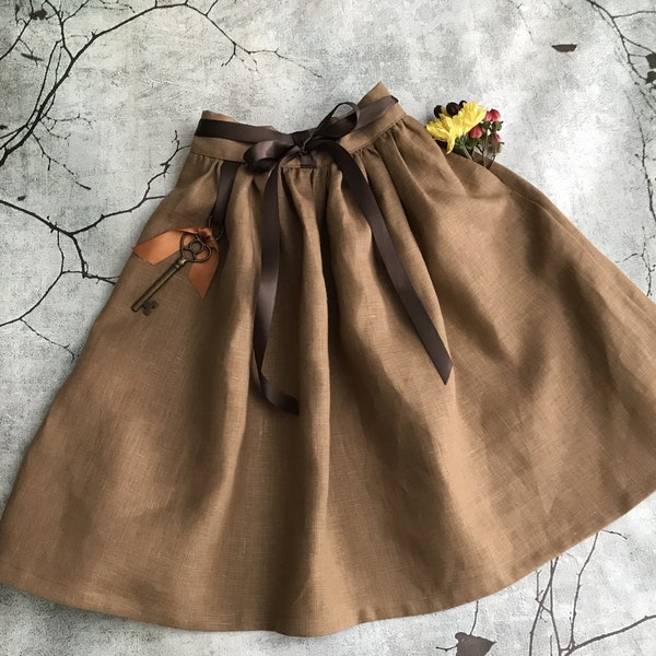 Girl's Medieval, Renaissance, Hobbit, October Festival, Steampunk Long Linen Skirt With Deep Pockets - Sizes 12 months (1T) To 6 Years Old