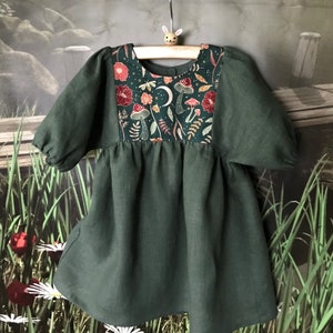 Handmade Girl&#39;s Linen Dress: Nordic Woodland Mushroom Cotton Bodice