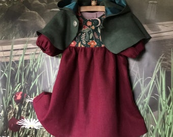 Girl's Nordic Woodland Easter Gnome Hobbit Wedding Linen Dress & Pixie Capelet - Handmade - Sizes 6 Months To 6 Years - Made To Order