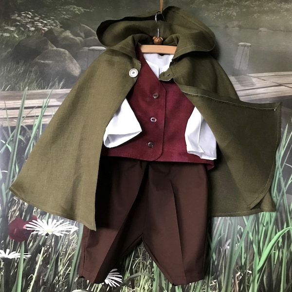 Child Hobbit Elf Renaissance Medieval Woodland Cloak, Vest, Shirt, Pants - Cotton & Olive Linen - Size 6 Months To 6 Years Old - Handmade