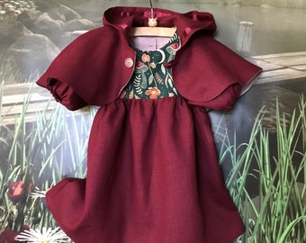 Girl's Nordic Woodland Easter Gnome Hobbit Wedding Linen Dress & Pixie Capelet - Handmade - Sizes 6 Months To 6 Years - Made To Order