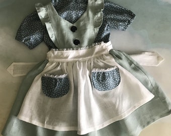 Girl's Pinafore Dirndl Dress, Blouse, Apron: Heidi, OctoberFest, Easter, Spring - Linen, Cotton & Lace - Sizes 12 Mths. To 6T - Handmade