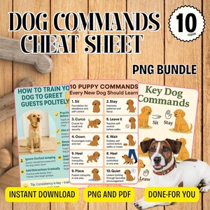 May include: A digital download bundle featuring dog training cheat sheets. The image includes guides on commands like "Sit," "Stay," and "Heel," with illustrations of dogs. The text reads "Dog Commands Cheat Sheet" and "PNG Bundle."