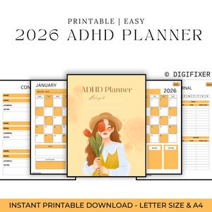 Puede incluir: Un planificador digital de TDAH 2026 con una ilustración de portada de una persona sosteniendo una flor. El planificador incluye páginas de calendario, un diario y páginas de información de contacto. El texto en el planificador dice "PRINTABLE | EASY 2026 ADHD PLANNER".