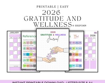 Diario de gratitud imprimible 2026, planificador de bienestar y reflexión.