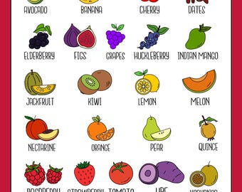 Alphabet de fruits à colorier, activité d'apprentissage pour les tout-petits, identification pour les enfants d'âge préscolaire (téléchargement numérique au format PDF)