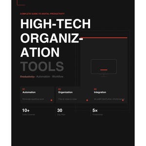 以下が含まれることがあります： 「HIGH-TECH ORGANIZATION TOOLS」というタイトルの濃い灰色のグラフィック。このガイドは、自動化、組織化、統合をカバーしています。10以上のツール、30日間の計画、5倍の生産性に関する情報が含まれています。Khawaja Anas Fiazによって作成されました。